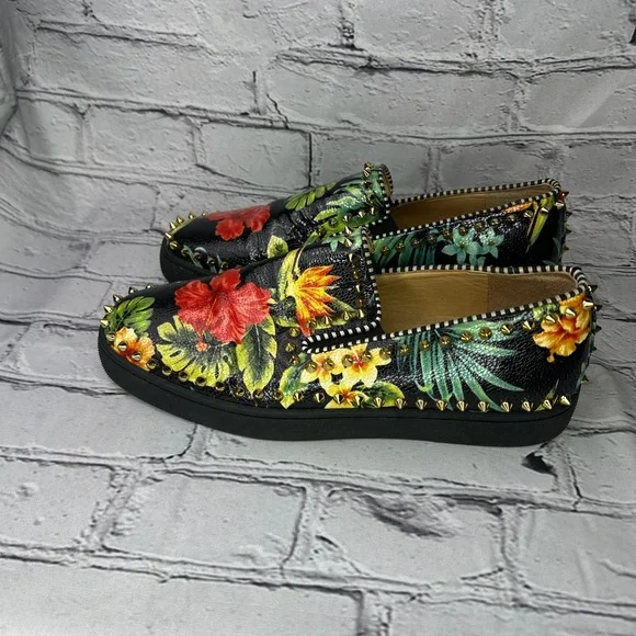 Christian Louboutin Men’s Hawaii Pik Boat Black Spiked Floral Slip-ons Size - Picture 2 of 6